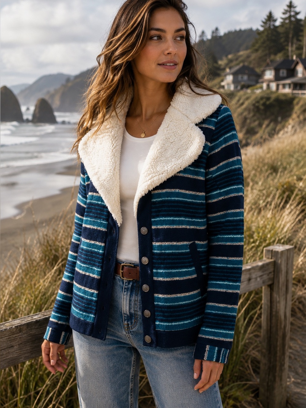 HURLEY Blue and Teal Striped Casual Preppy Sherpa Collar Jacket, M